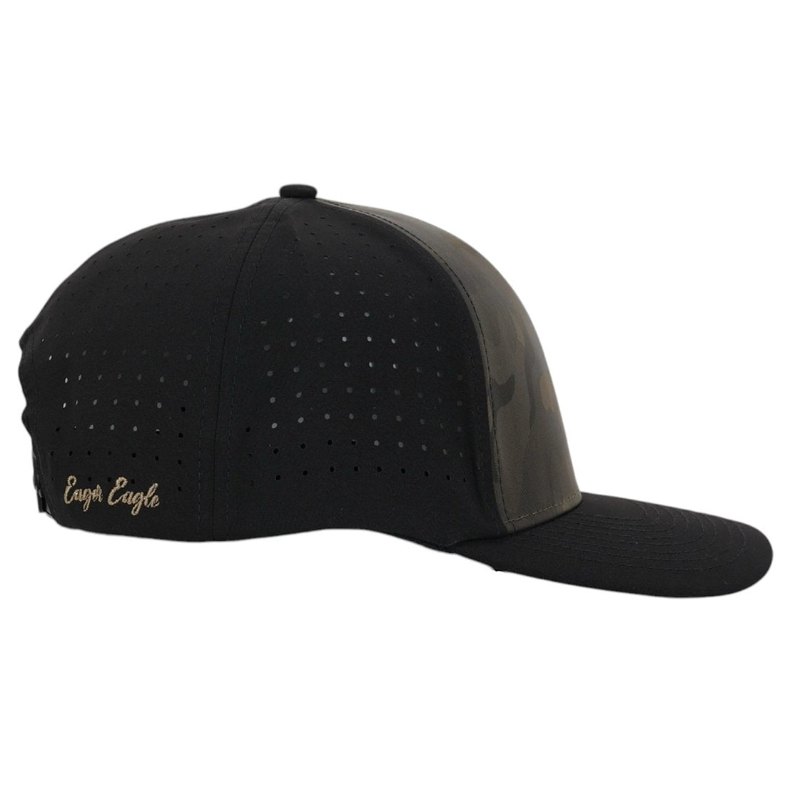 The Camouflage | Golf Hat is a black golf hat with perforated side and back panels, moisture-wicking fabric, a subtle camo front panel, and "Copa Eagle" gold embroidery on the left.