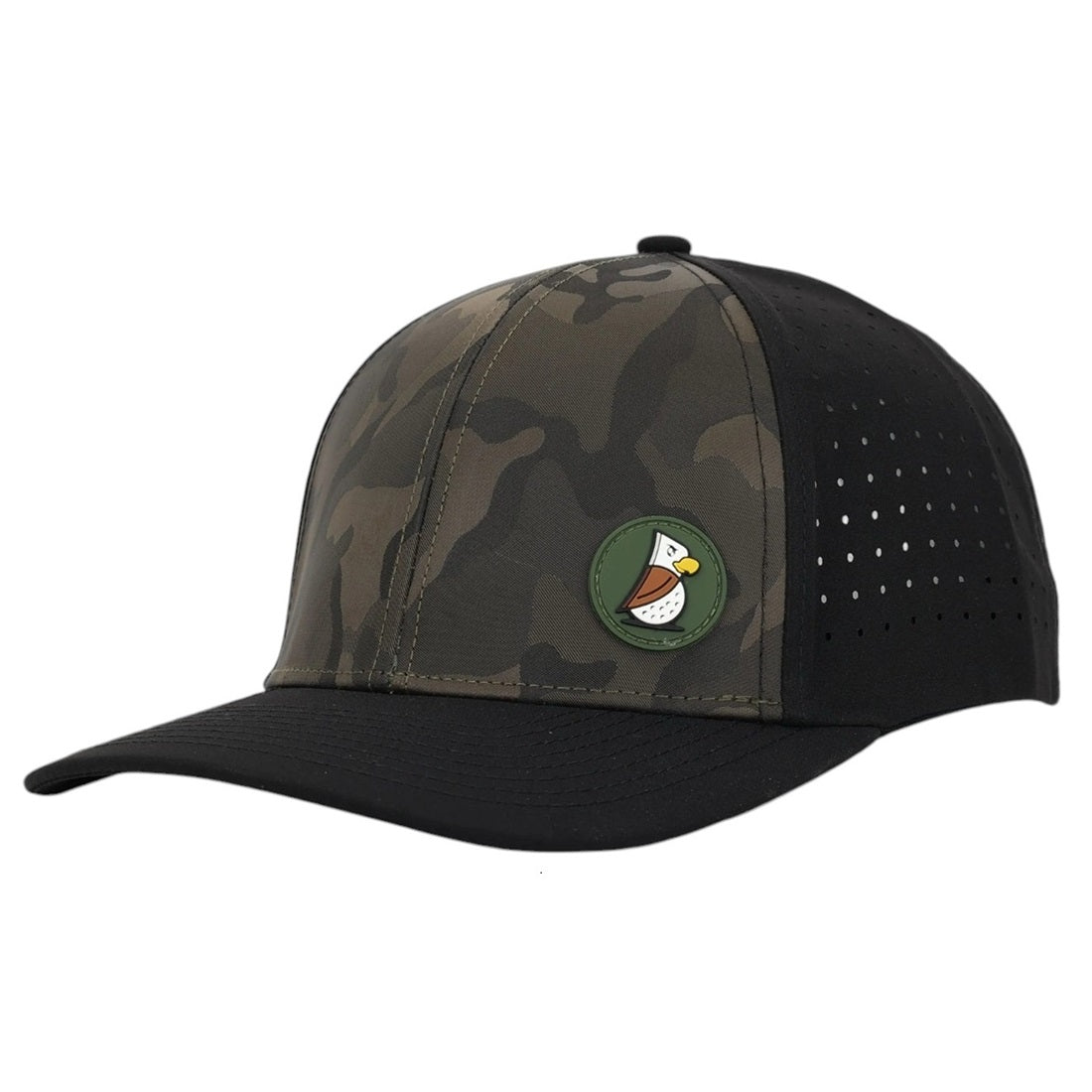 The Camouflage | Golf Hat features dark camo, black mesh sides, moisture-wicking fabric, and a round patch with a cartoon bird on the front.