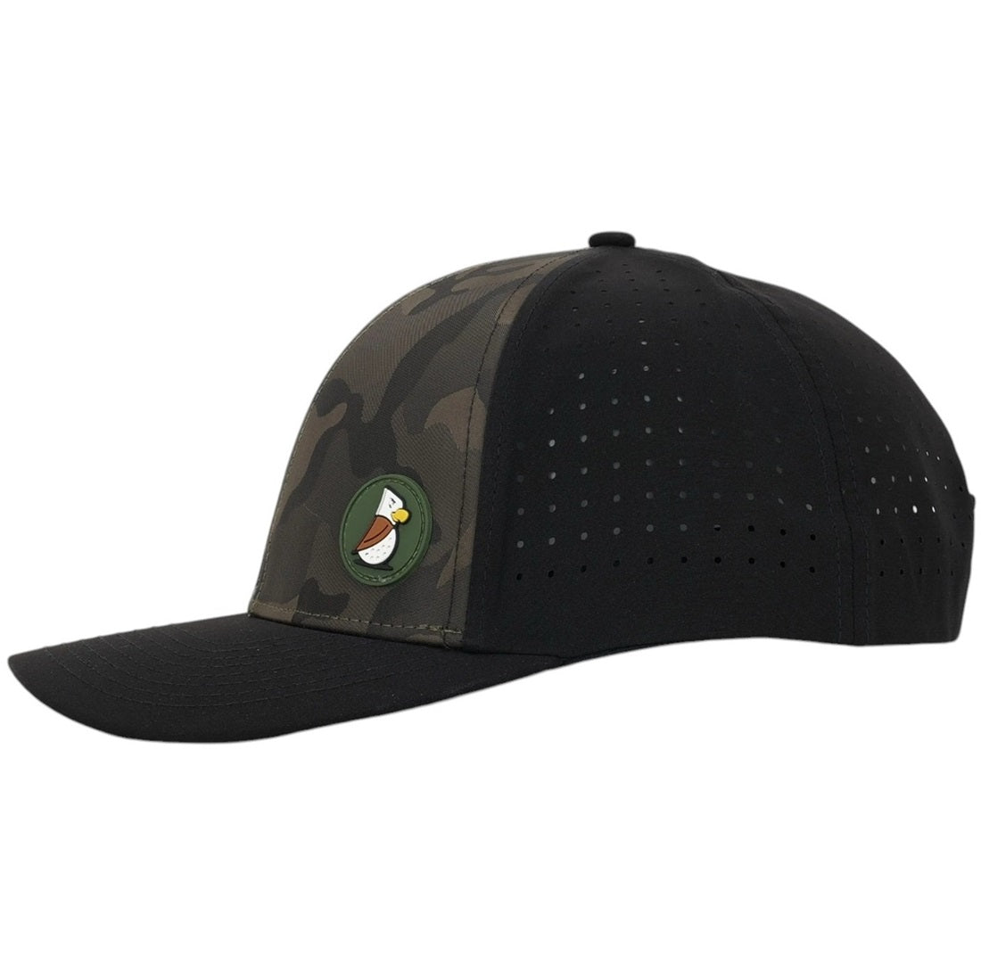 The Camouflage | Golf Hat is black with camouflage details, small ventilation holes, moisture-wicking fabric, and a circular patch with a cartoon bird on the front.