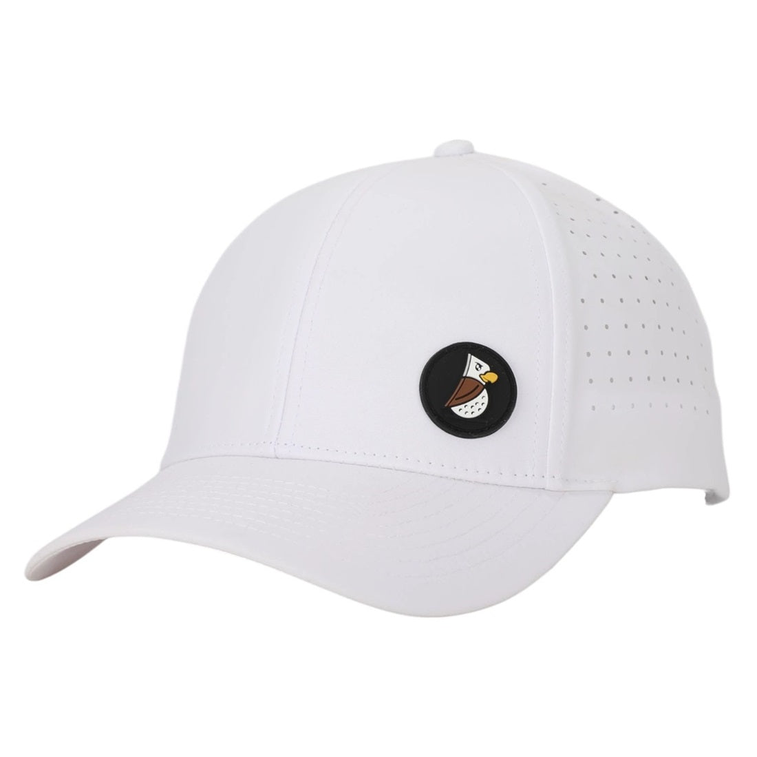 The Classic | Golf Hat is a white cap with side ventilation holes, moisture-wicking fabric, and a round patch with a stylized bird logo on the front—combining comfort and style, perfect for golf.