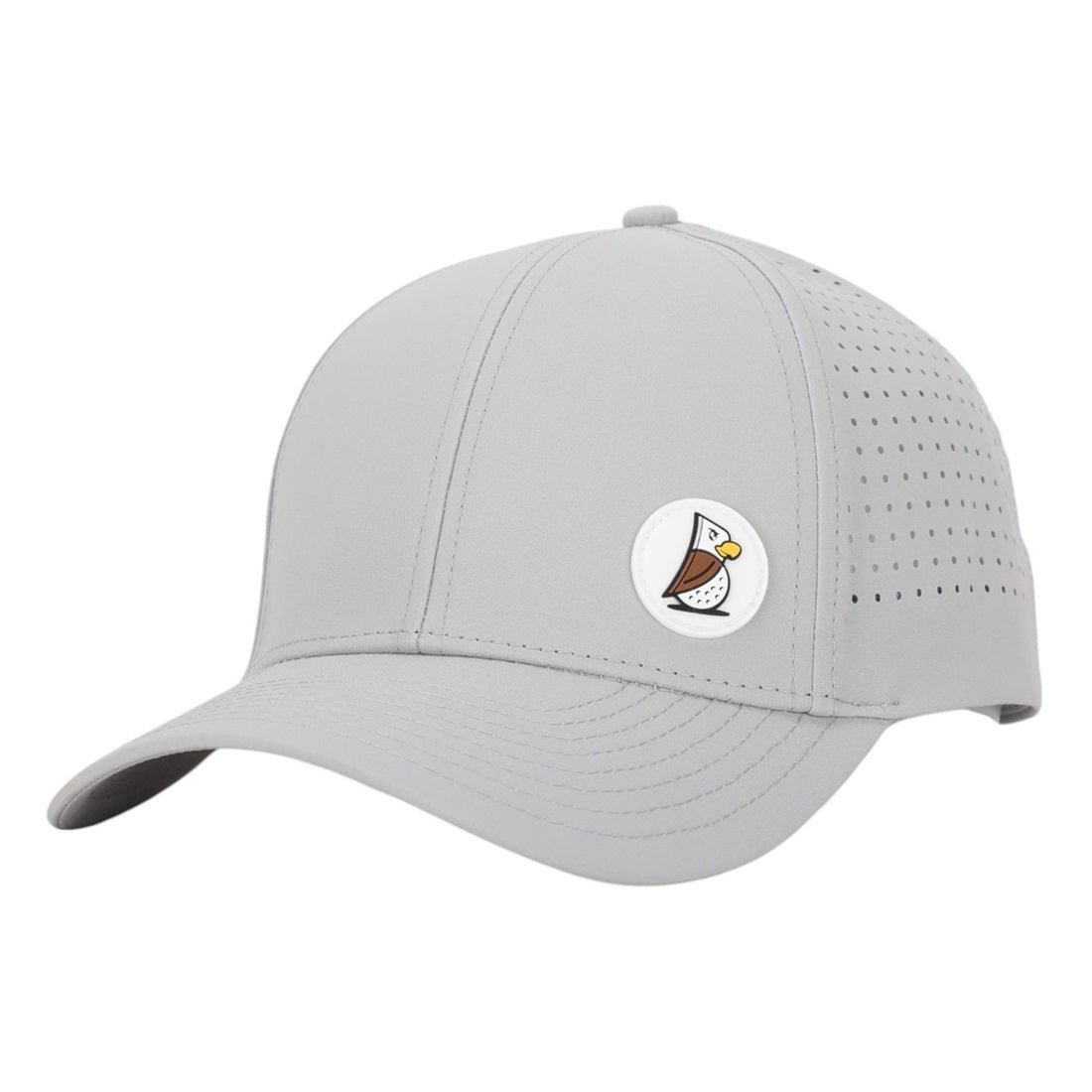 The Gray Eagle | Golf Hat is a light gray, moisture-wicking cap with perforated side holes and a front-left circular patch featuring an eagle—ideal for golf hat lovers seeking comfort and style.