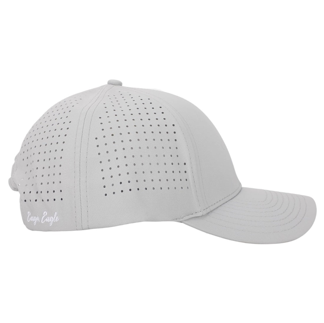 The Gray Eagle | Golf Hat is a light gray moisture-wicking cap with small ventilation holes on the back and sides, a curved visor, and "Cuya Caylo" embroidered in white on the back left side.