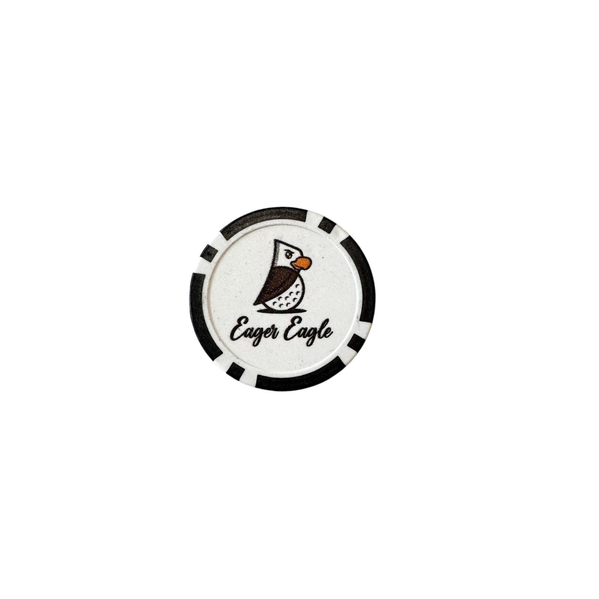 The Eager Eagle Poker Chip Ball Marker features a black and white design with an illustrated eagle head and “Eager Eagle” in cursive—ideal for your next game.