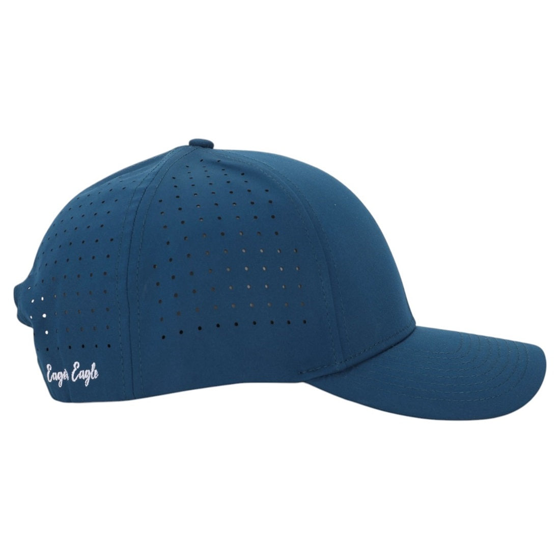 The Pinstripe | Golf Hat is a blue cap with small ventilation holes, UPF50+ sun protection, and "Eager Eagle" embroidered in white on the back left—ideal for golf enthusiasts.