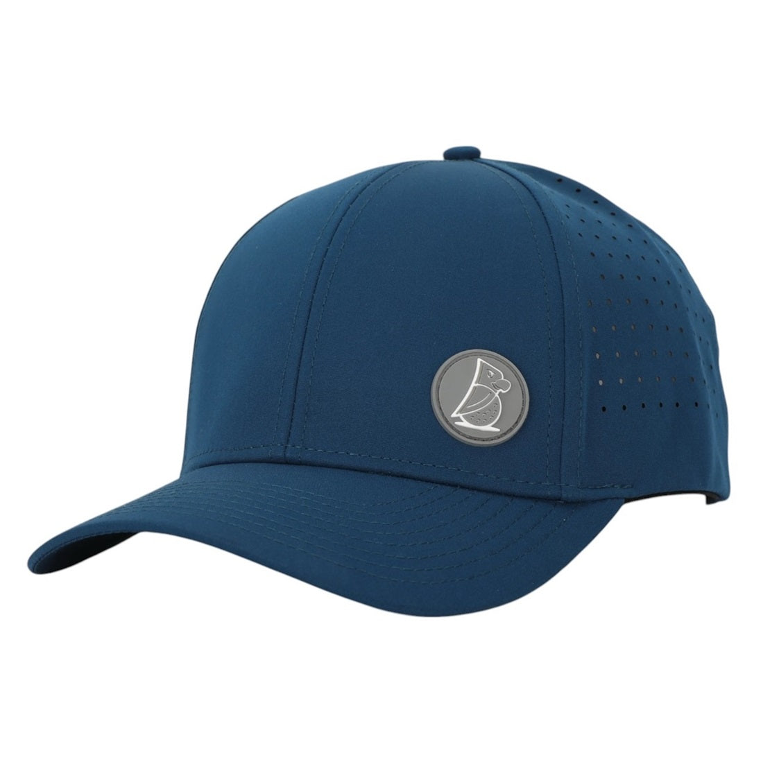 The Pinstripe | Golf Hat is a blue cap with a curved brim, side ventilation holes, UPF50+ sun protection, and a round silver B emblem on the front—an ideal pick for golf hat enthusiasts.