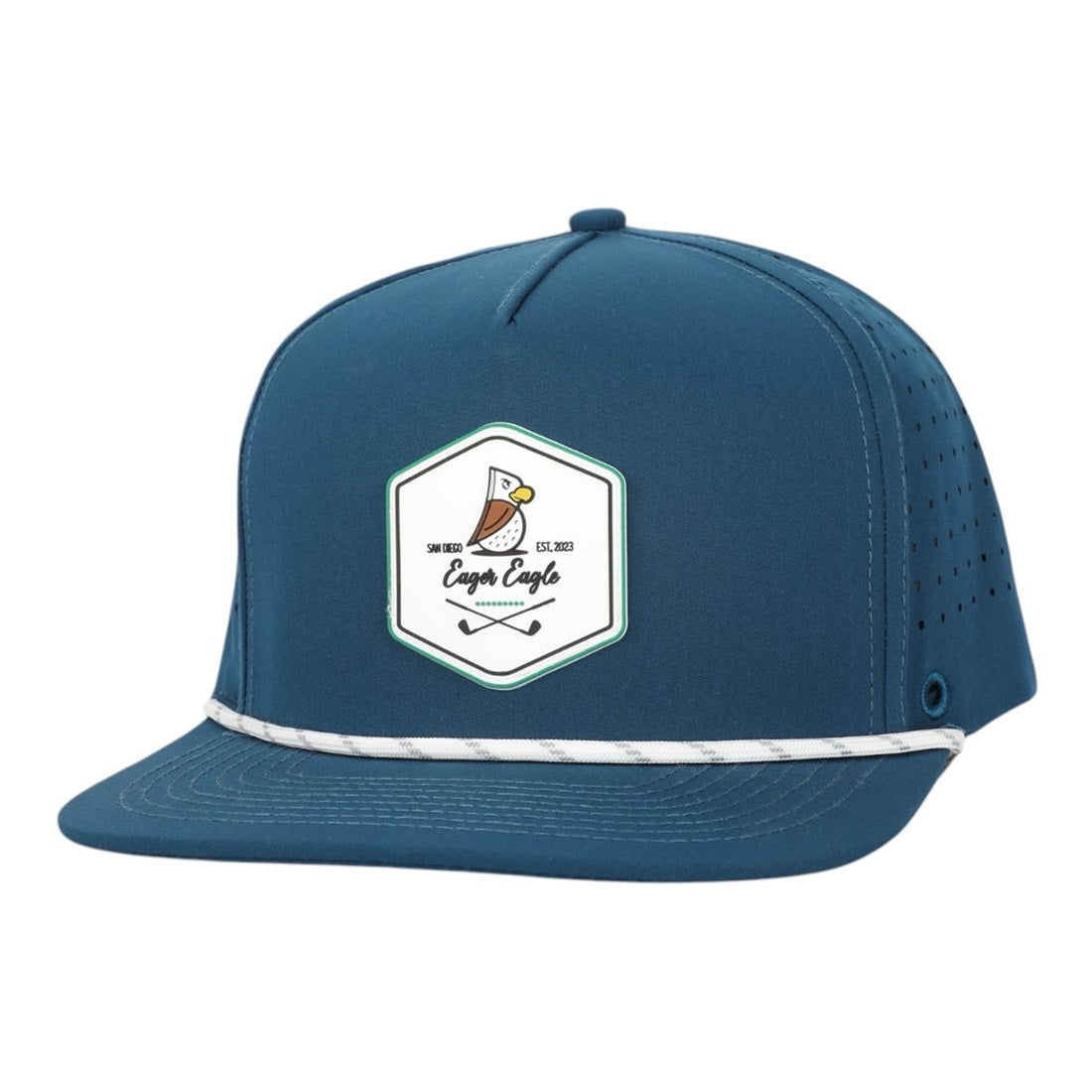 The Eagle PS | Rope Golf Hat (Demo Listing) is a blue snapback with a white patch showing a golf ball on a tee and “Lager Eagle” text. It features sun protection, ventilation holes, and a stylish white braided rope across the brim.