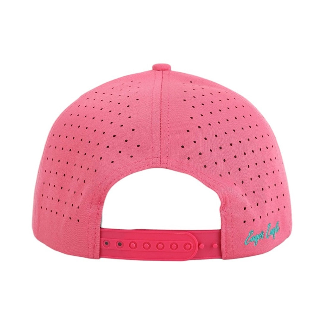 The Reverse Baja | Golf Hat is a bright pink cap with a perforated, moisture-wicking design, adjustable snapback closure, and small blue embroidered text on the lower right back.