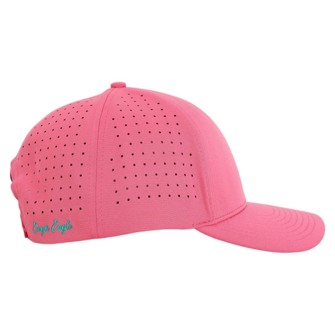 A side view of the Reverse Baja | Golf Hat, a bright pink cap with ventilation holes and turquoise "Eager Eagle" text near the back. It features a curved brim, structured crown, and moisture-wicking fabric for comfort.