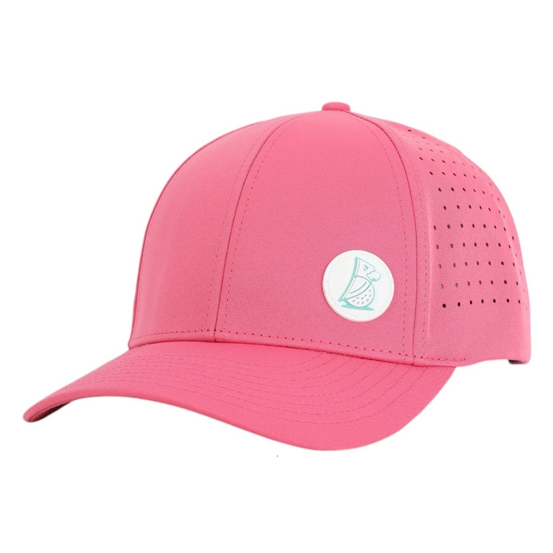 The Reverse Baja | Golf Hat is a bright pink cap with a curved brim, ventilation holes, and a round white patch featuring a bird logo—plus UPF50+ sun protection for comfortable wear on sunny days.