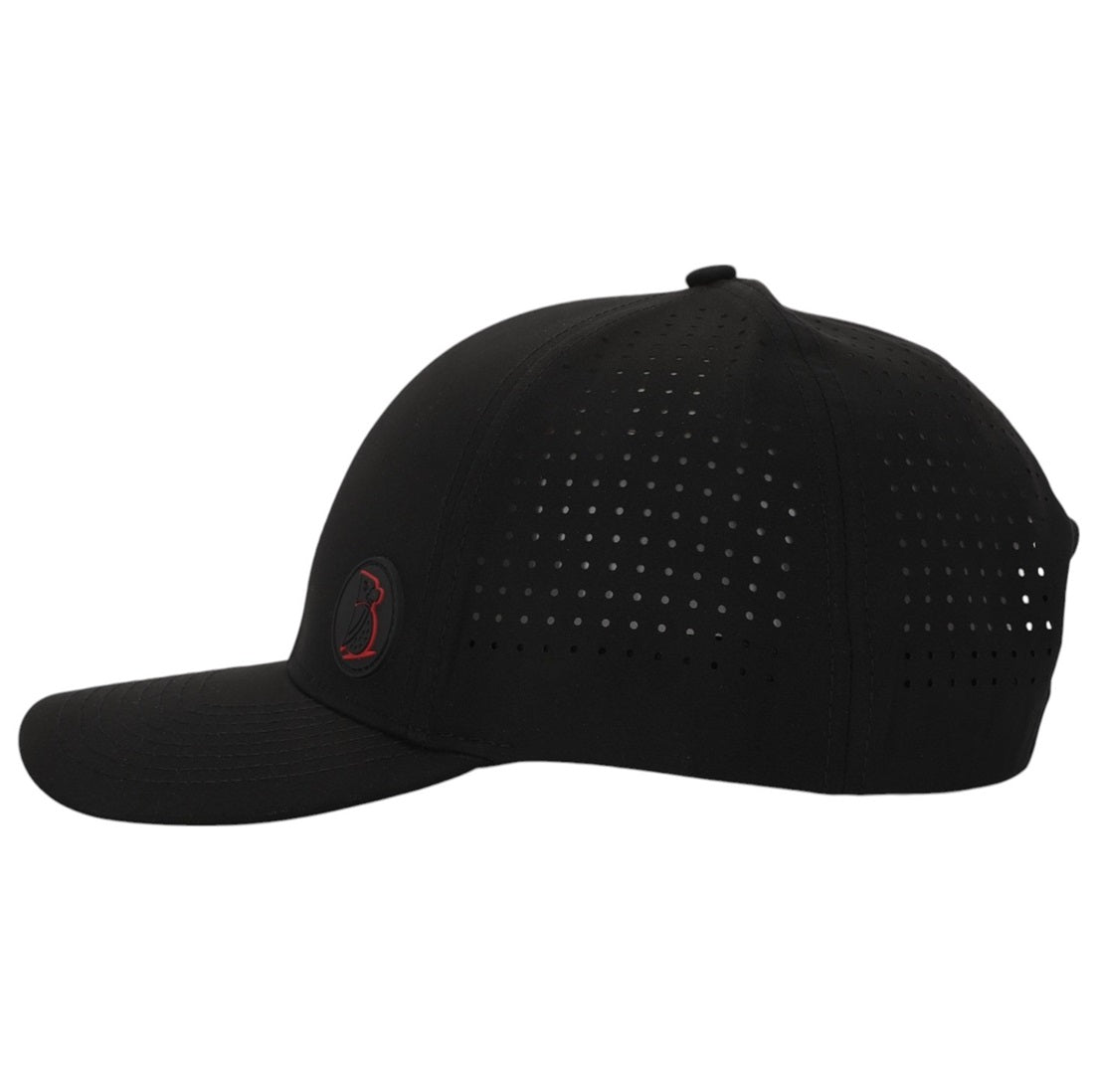 The Stealth | Golf Hat is black with small ventilation holes on the crown and sides, made from moisture-wicking fabric, and features a circular logo with a red outline and design on the front left side.