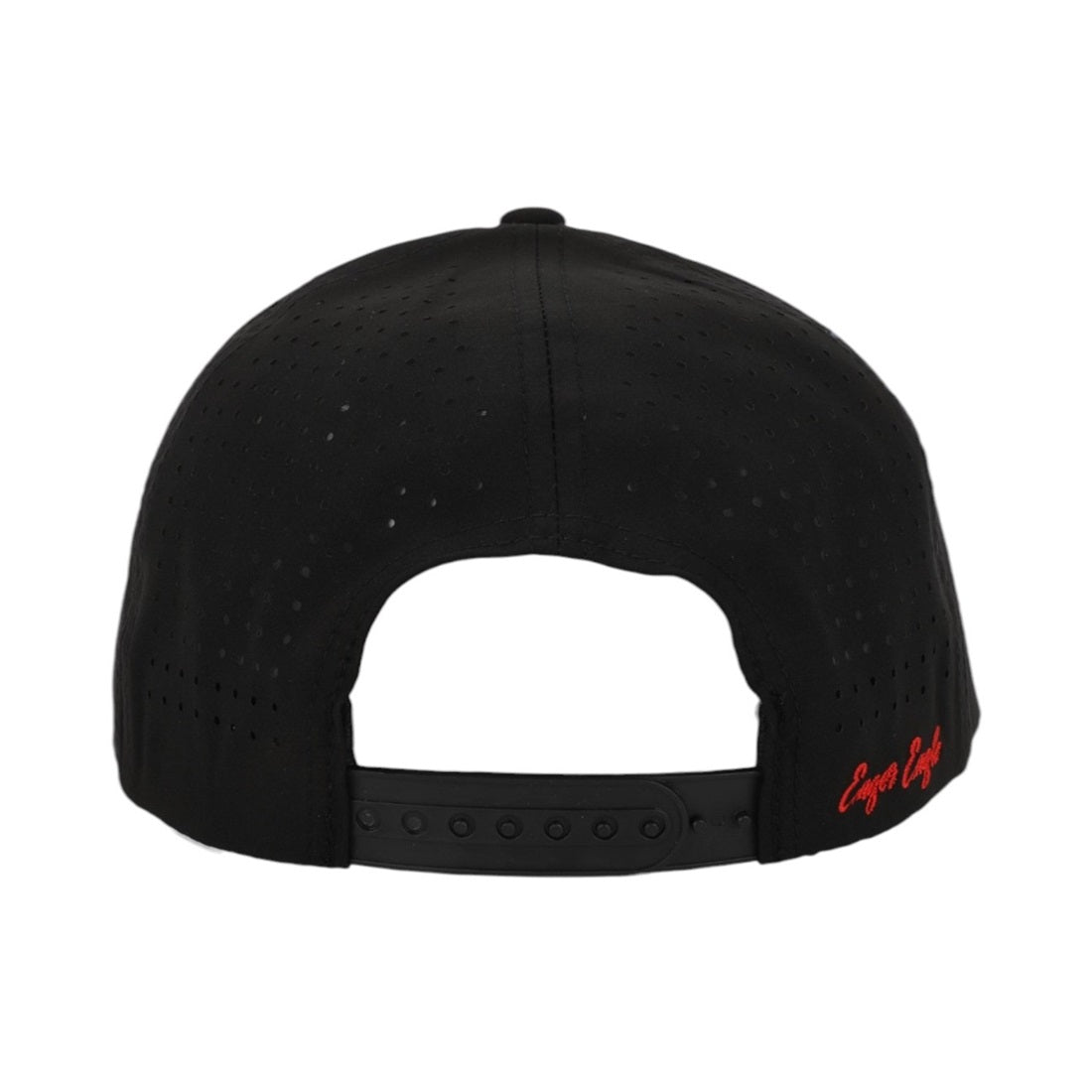 The image shows the back view of a black Stealth | Golf Hat with small ventilation holes, an adjustable snapback strap, and red embroidered text on the lower right side.