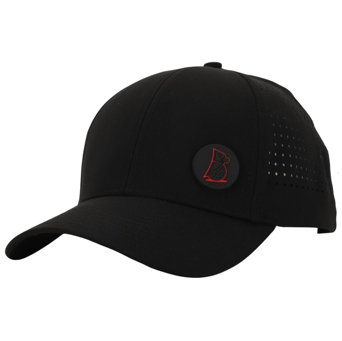 The Stealth | Golf Hat is a black cap with a curved brim, small ventilation holes for breathability, UPF50+ sun protection, and a round black patch featuring a red embroidered owl on the front.