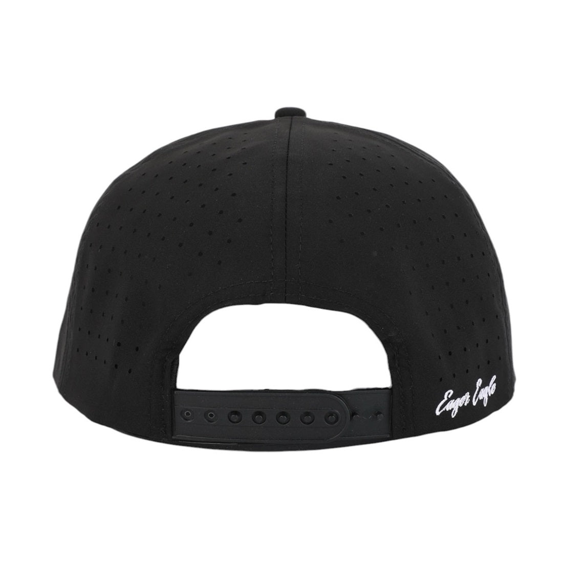 The SL | Rope Golf Hat is a black snapback shown from the back, with small ventilation holes, moisture-wicking fabric, an adjustable strap, and "Eager Eagle" stitched in white on the lower right side.