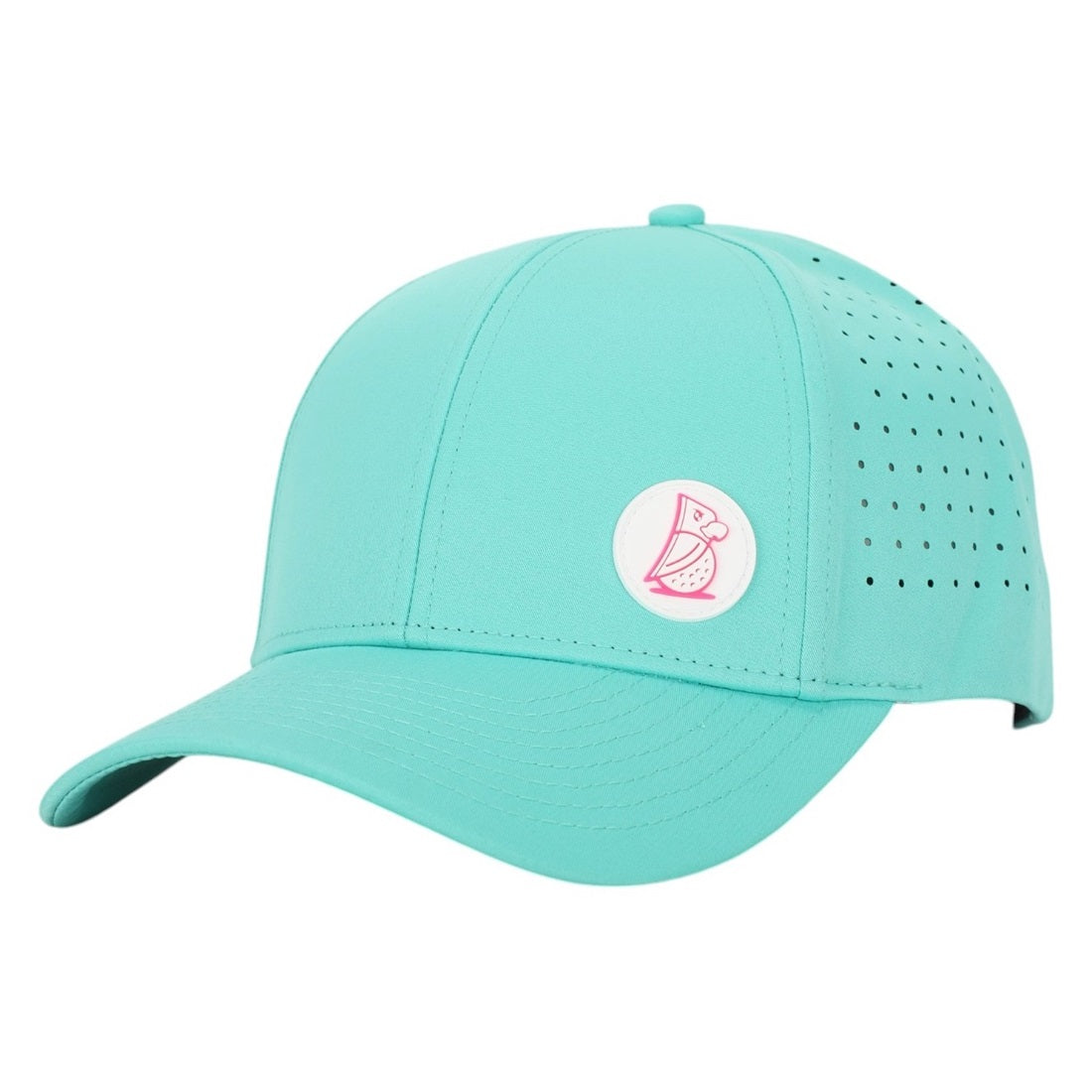 The Baja Golf Hat features moisture-wicking fabric, turquoise color, perforated side panels, and a round white-and-pink logo on the front left to keep you cool and stylish on the course.