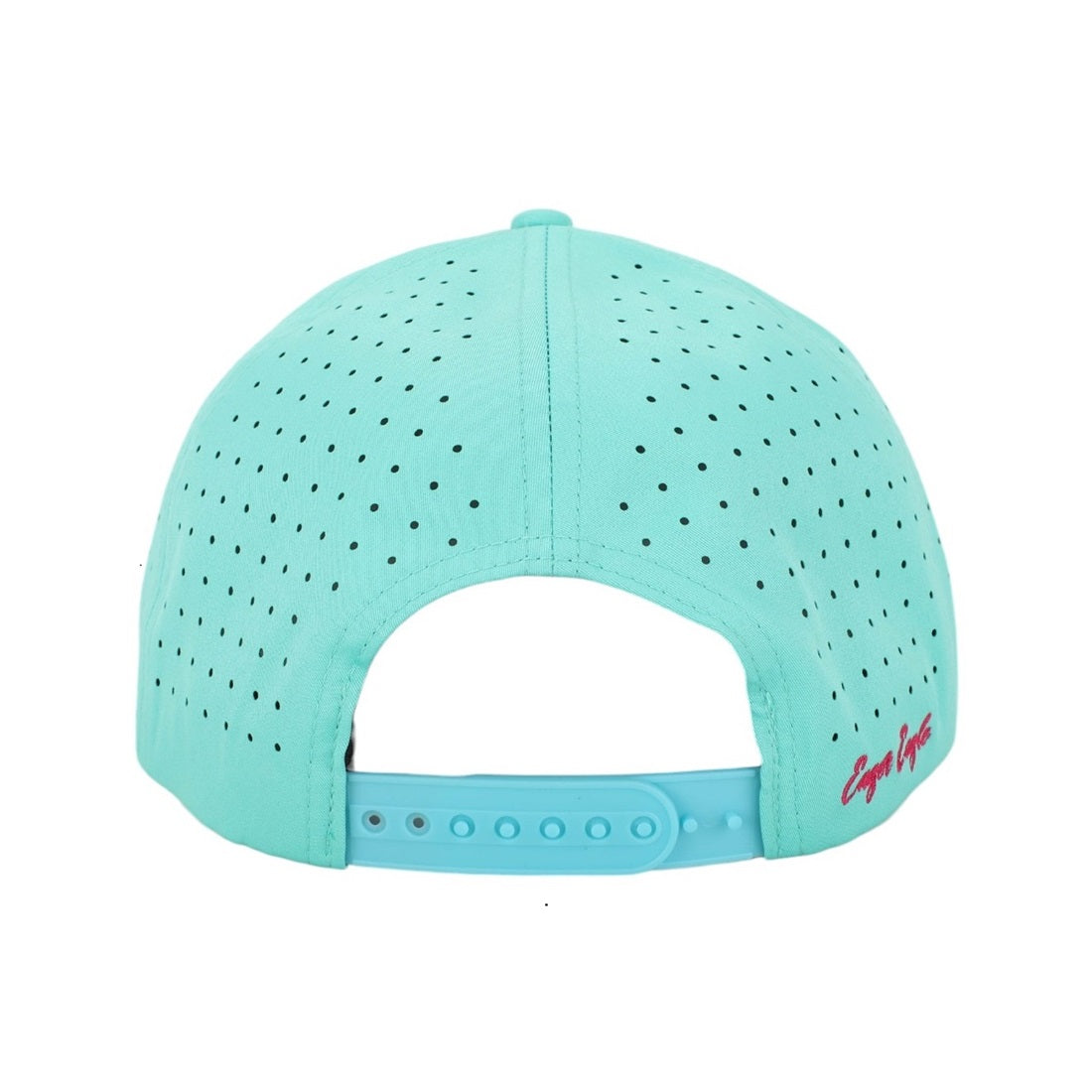 The Baja | Golf Hat in aqua blue is shown from the back, featuring an adjustable snapback, small ventilation holes, moisture-wicking fabric, and a pink signature-style logo on the lower right side.
