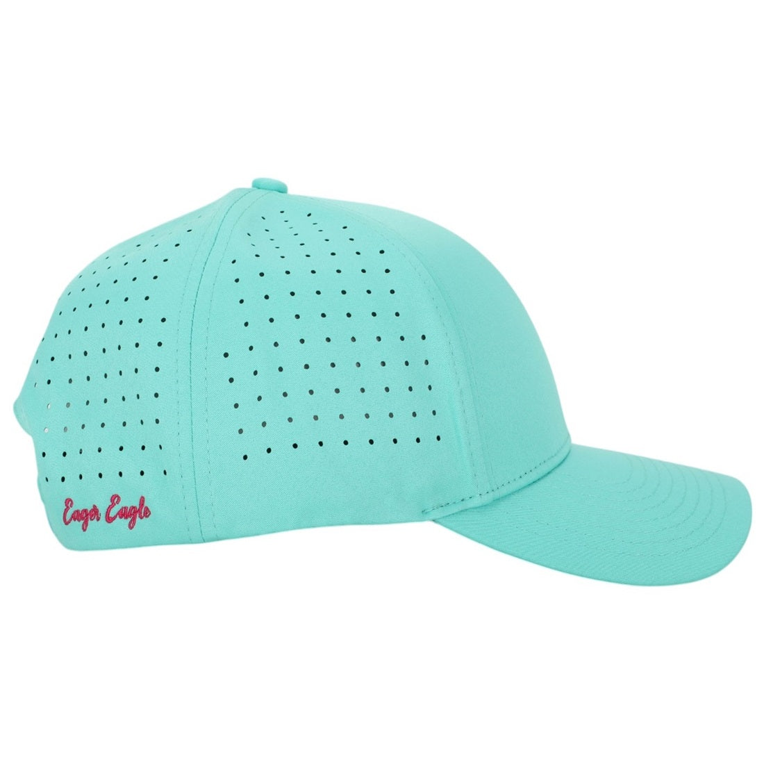The Baja | Golf Hat features a light turquoise color, side ventilation holes, moisture-wicking fabric, and a red-embroidered Eager Eagle near the back—delivering comfort and performance for golfers.