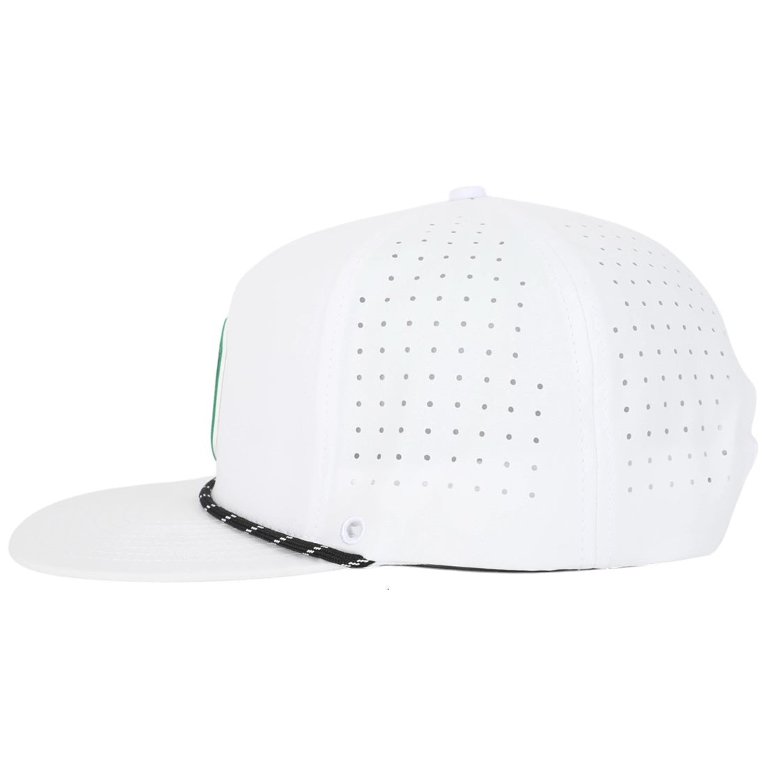 The CL | Rope Golf Hat is a white snapback golf hat with a flat brim, side profile, moisture-wicking fabric, UPF50+ sun protection, small ventilation holes, and a black-and-white rope accent on the brim's edge.