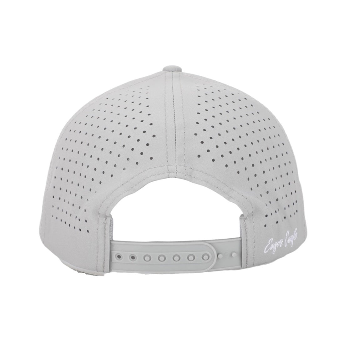 Back view of the Gray Eagle | Golf Hat in light gray, featuring ventilation holes, an adjustable snapback strap, and moisture-wicking fabric. "Eagle Golf" is embroidered in white on the side.