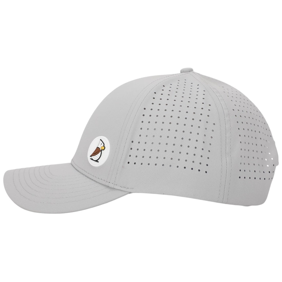 The Gray Eagle Golf Hat is light gray with UPF50+ sun protection, perforated side and back panels, and a front patch featuring a bird holding a golf club.