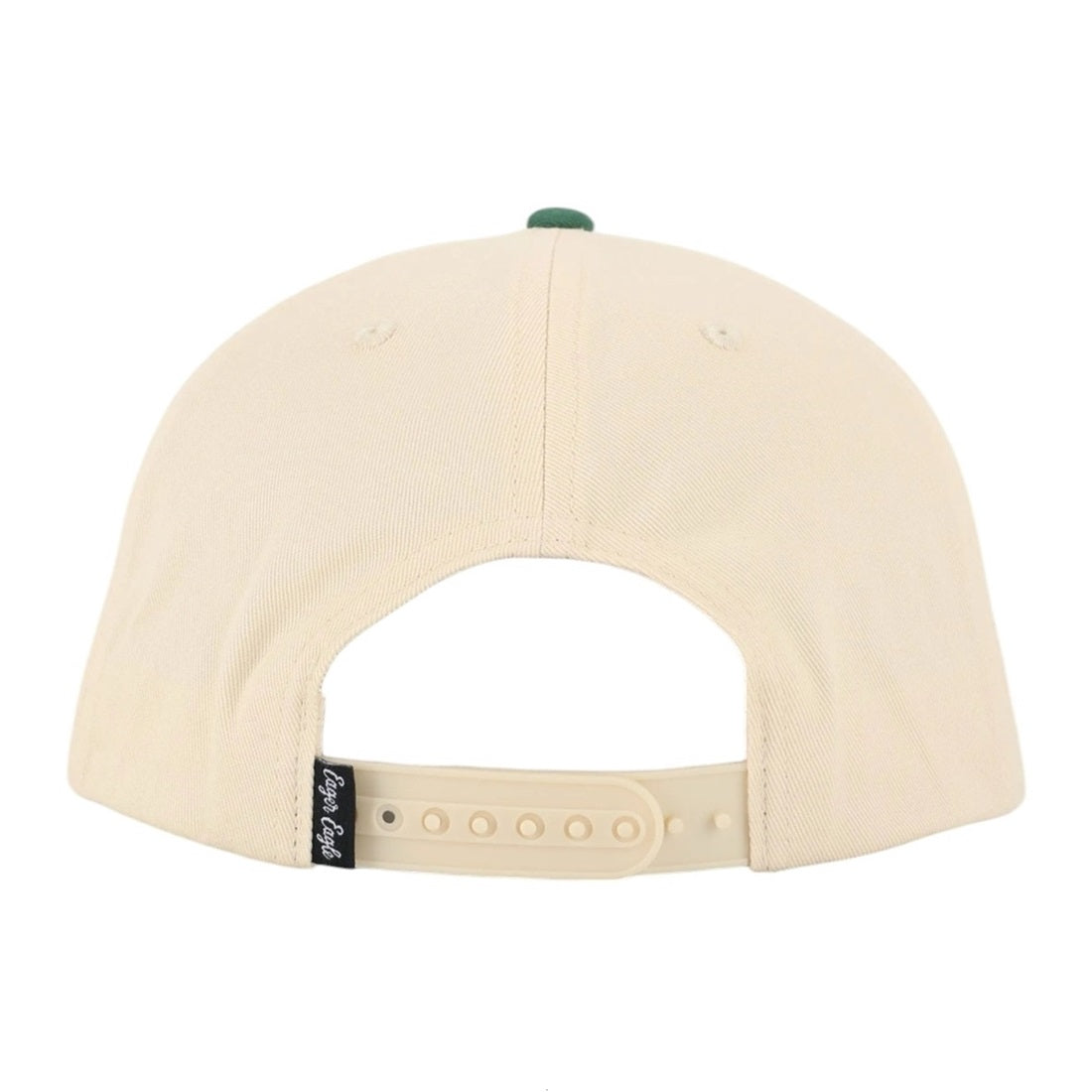 The Heritage | Golf Hat in beige is shown from the back, with an adjustable plastic snap closure and a black fabric tag on the left. Made from premium cotton, it's ideal for golf or casual wear.