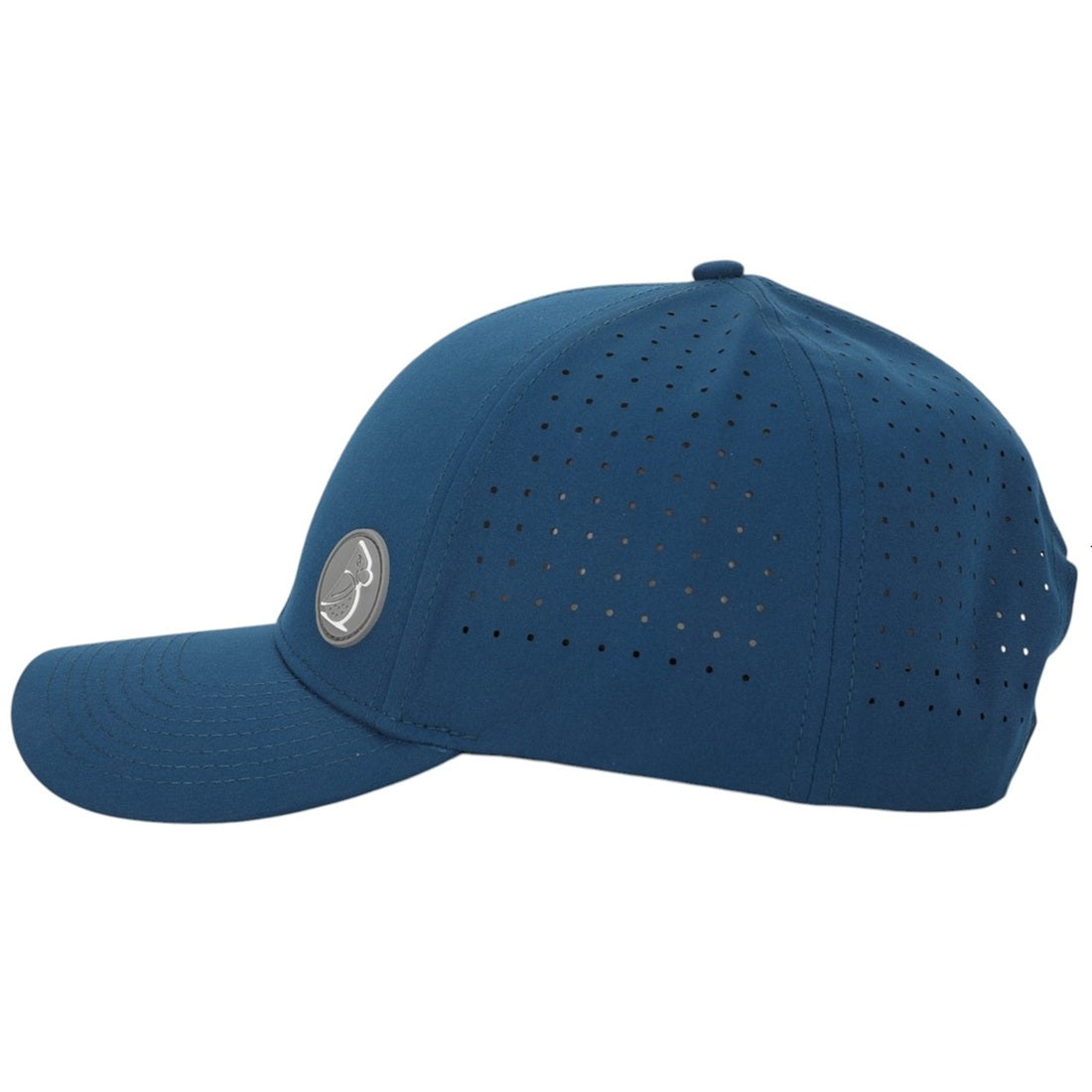 The Pinstripe | Golf Hat is a blue cap with small ventilation holes, moisture-wicking fabric, and a round logo patch on the front left panel.