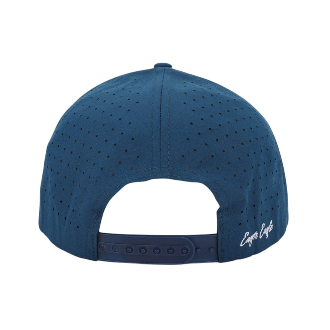 A blue Pinstripe | Golf Hat seen from the back, with ventilation holes for comfort, an adjustable snapback strap, and white "Eager Eagle" script near the strap.