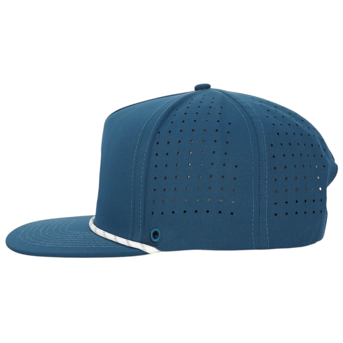 The Eagle PS | Rope Golf Hat (Demo Listing) is a blue, flat-brimmed cap with side view, ventilation holes, a white rope accent on the brim, and moisture-wicking comfort—ideal for golf enthusiasts seeking sun protection.
