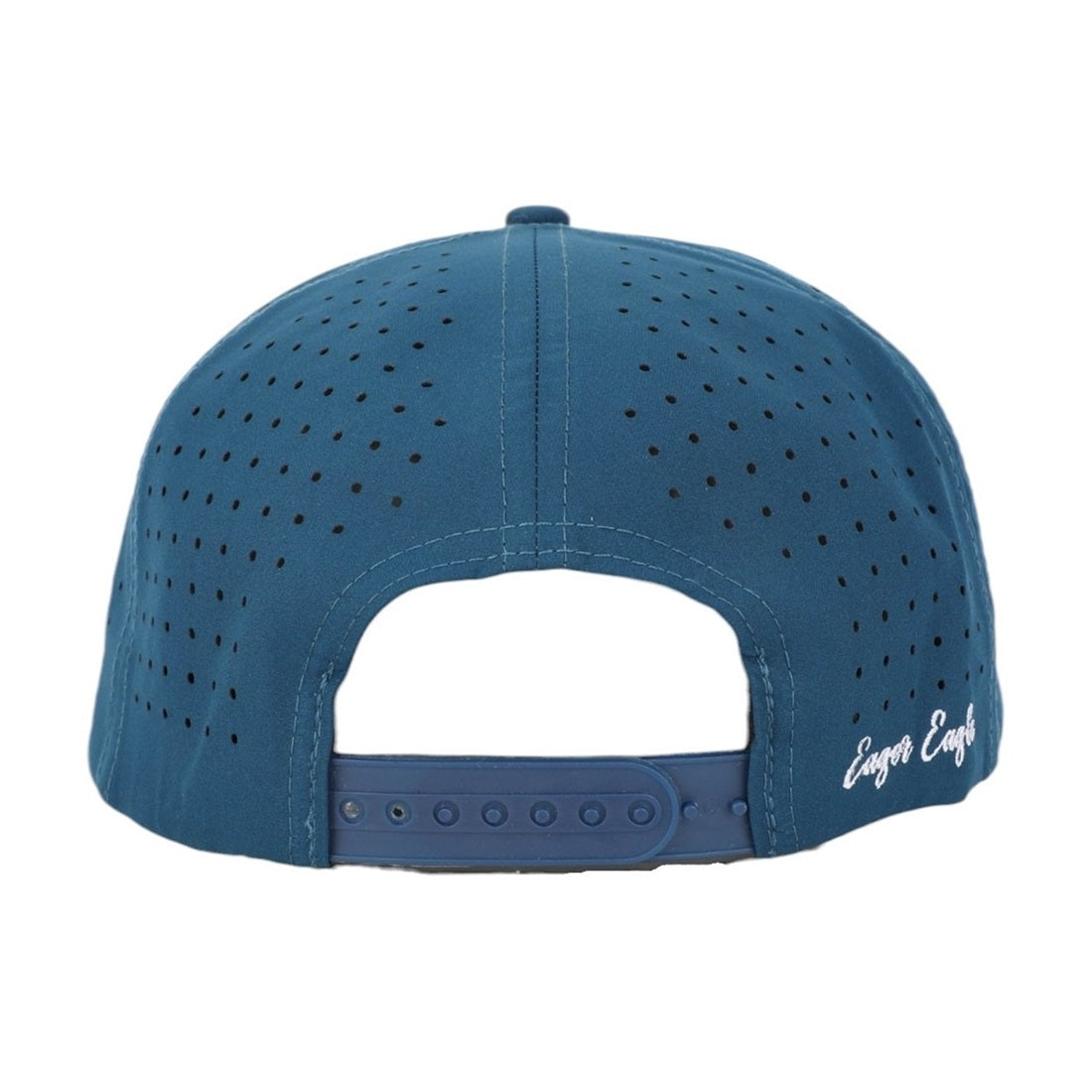 The Eagle PS | Rope Golf Hat (Demo Listing) is a blue cap seen from the back, featuring ventilation holes, an adjustable snapback strap, and white cursive text—perfect for golf hat fans.