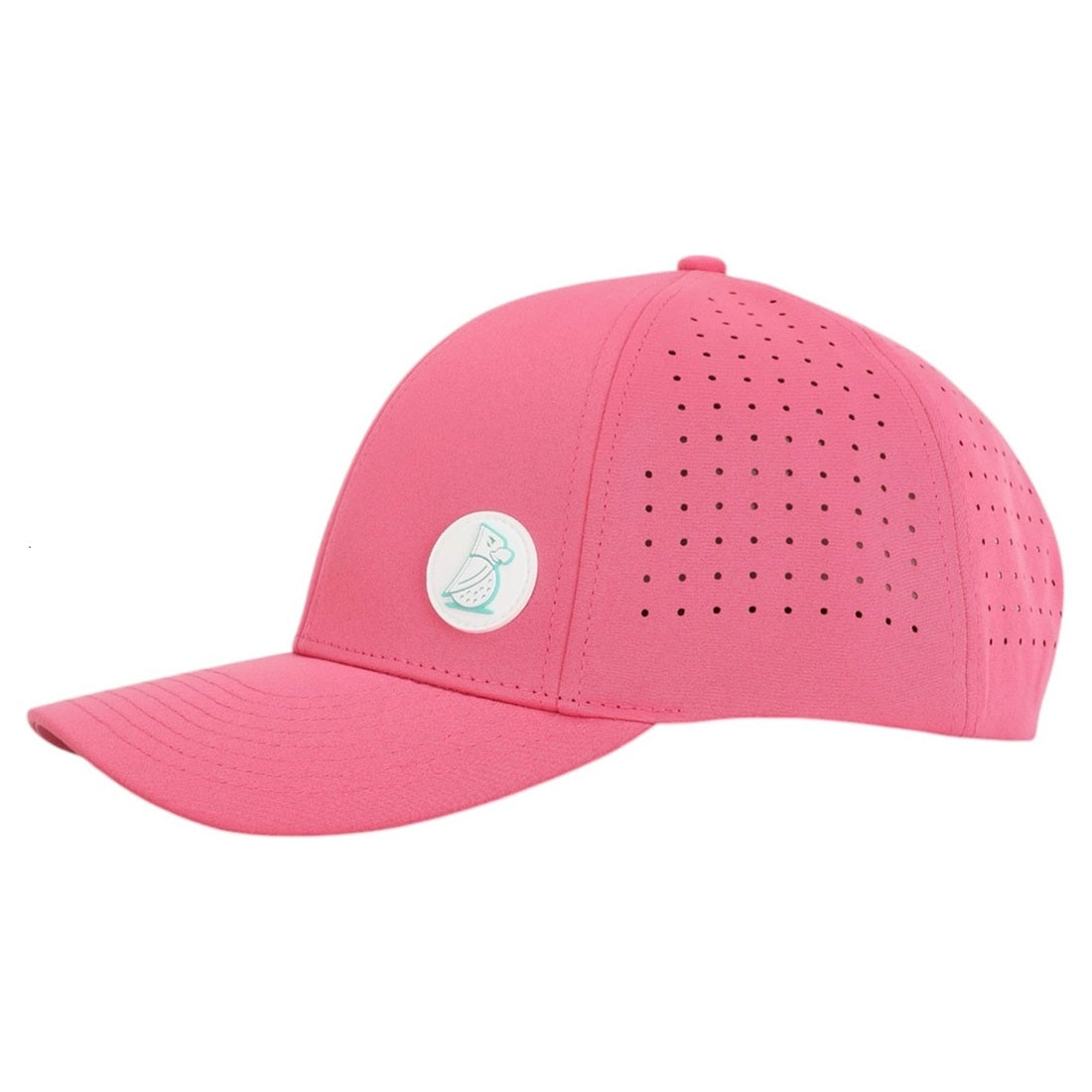 The Reverse Baja | Golf Hat is a pink cap with side ventilation holes and a round white patch featuring a simple Eagle design. It offers UPF50+ sun protection, making it ideal for sunny days and golf enthusiasts.