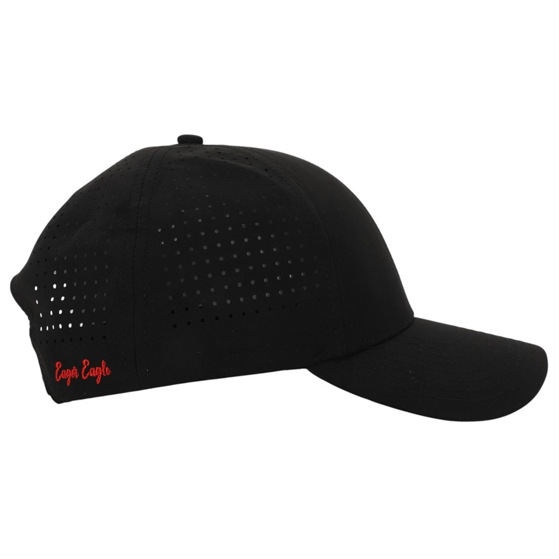 The Stealth | Golf Hat is a black cap made from moisture-wicking fabric, with small square ventilation holes and “Cape Eagle” embroidered in red on the side. Shown in profile on a white background, it's ideal for Eager Eagle Golf Hat fans.