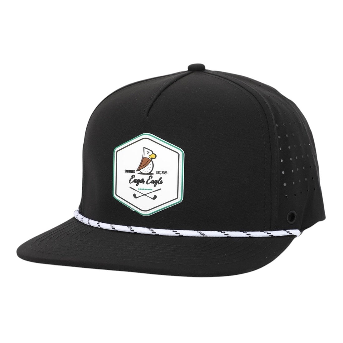 The SL | Rope Golf Hat is a black snapback with a hexagonal patch showing a cartoon eagle holding a golf club and “Eager Eagle” text. It features moisture-wicking fabric, white rope detail, and perforated side panels for airflow.