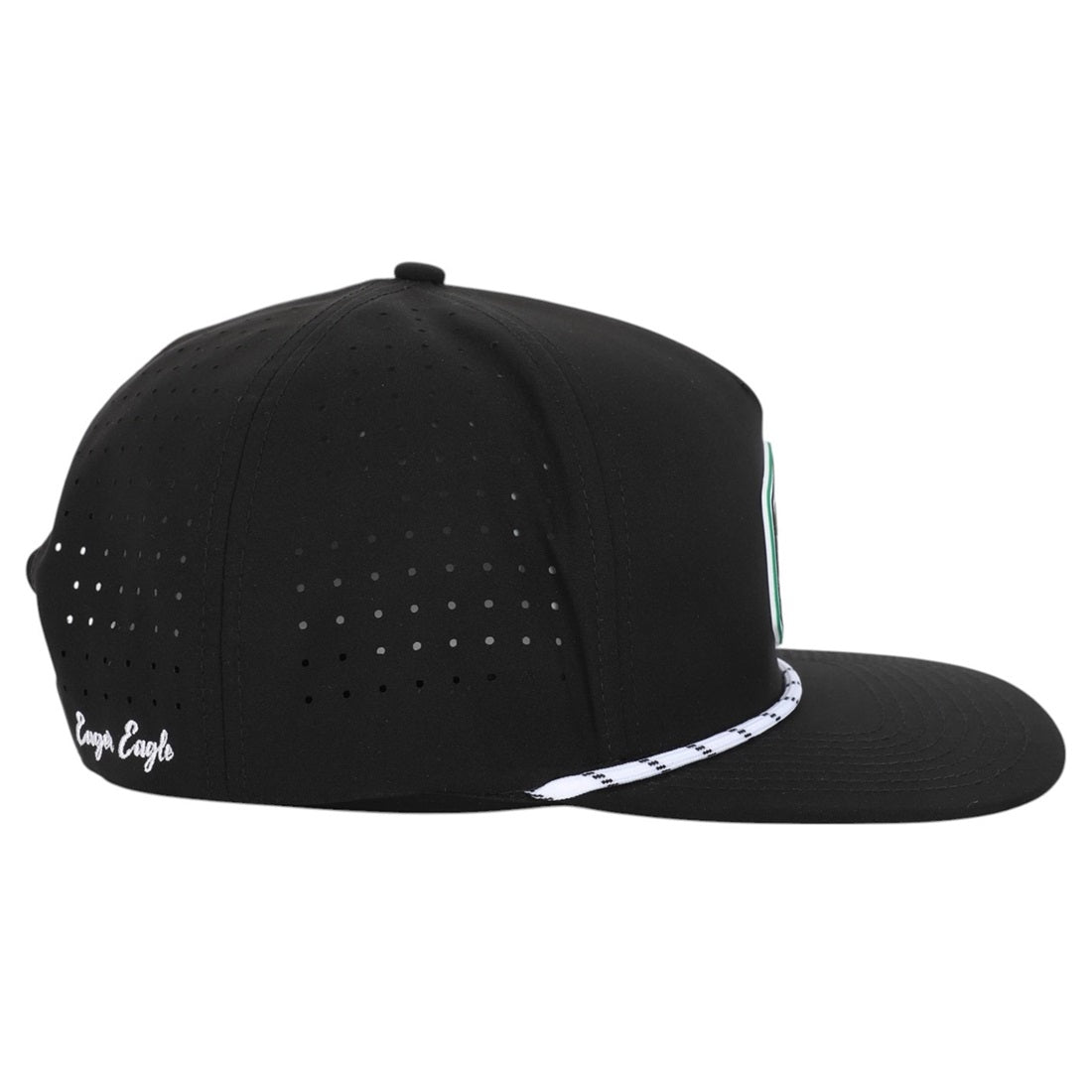 The SL | Rope Golf Hat is a black cap with small ventilation holes, a flat brim edged in white pattern, and "Eager Eagle" in white cursive near the back. Made from moisture-wicking fabric, it's shown from the side.