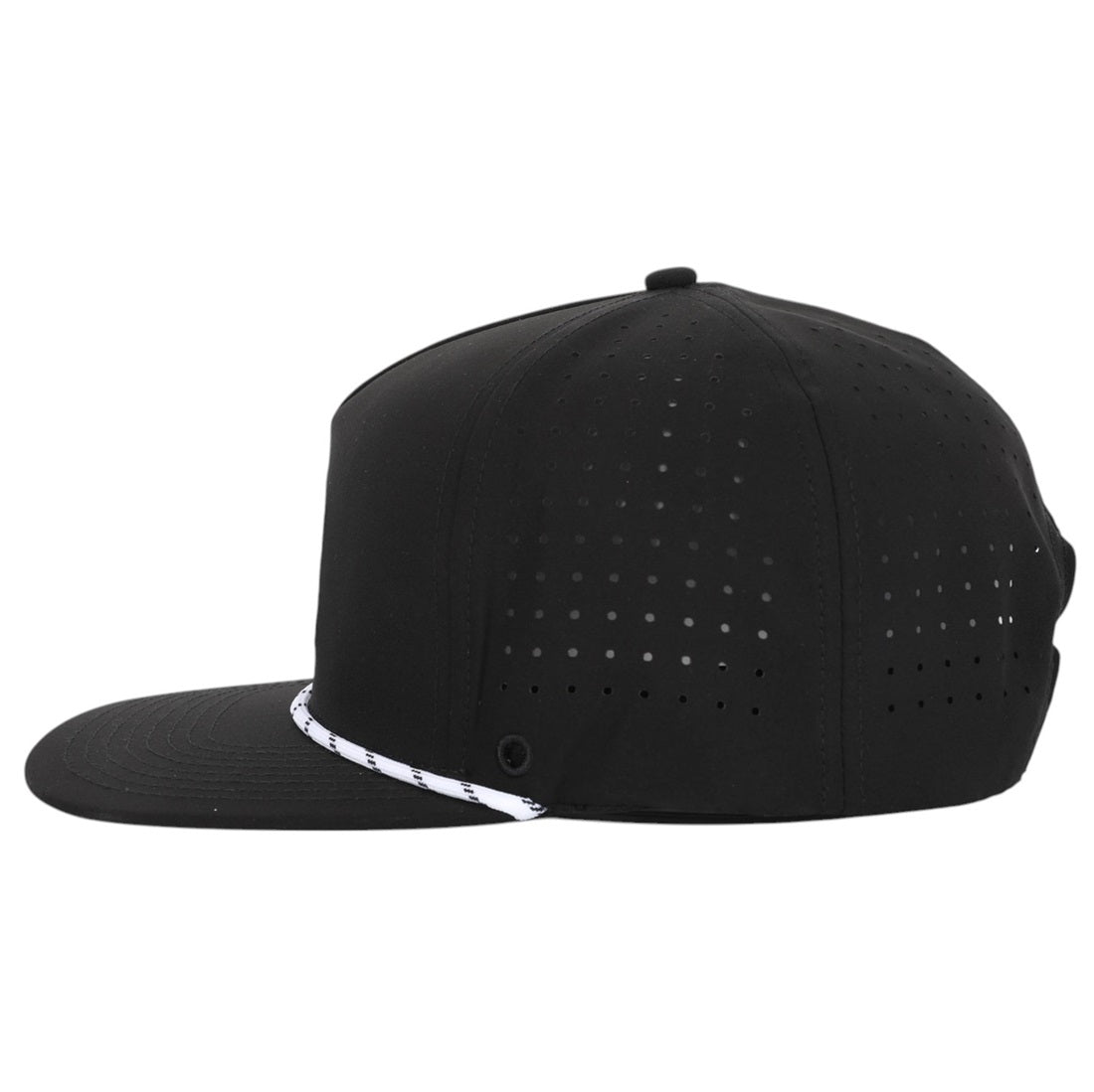 The SL | Rope Golf Hat is a black flat-brim golf cap with UPF50+ sun protection, small ventilation holes, and a white patterned rope near the brim—a stylish choice for golf hat fans.