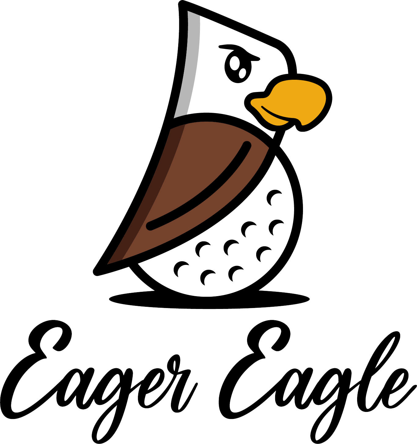 Cartoon-style eagle with a brown wing, yellow beak, and white body, looking determined. The words Eager Eagle are written below in a cursive font.